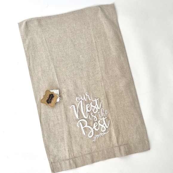 Tan Linen Embroidered Hand Towel Our Nest Is the Best - Picture 2 of 4